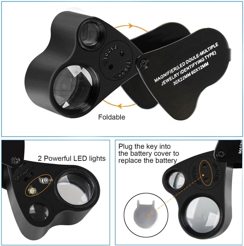 HMKIS Jewelers Loupe, 2 Pack Magnifying Glass with Light, 30X 60X 90X Jewelers Loop Magnification with 20 Backup Batteries for Coin, Diamonds, Gems, Jewelry, Stamps Close Work - Image 4
